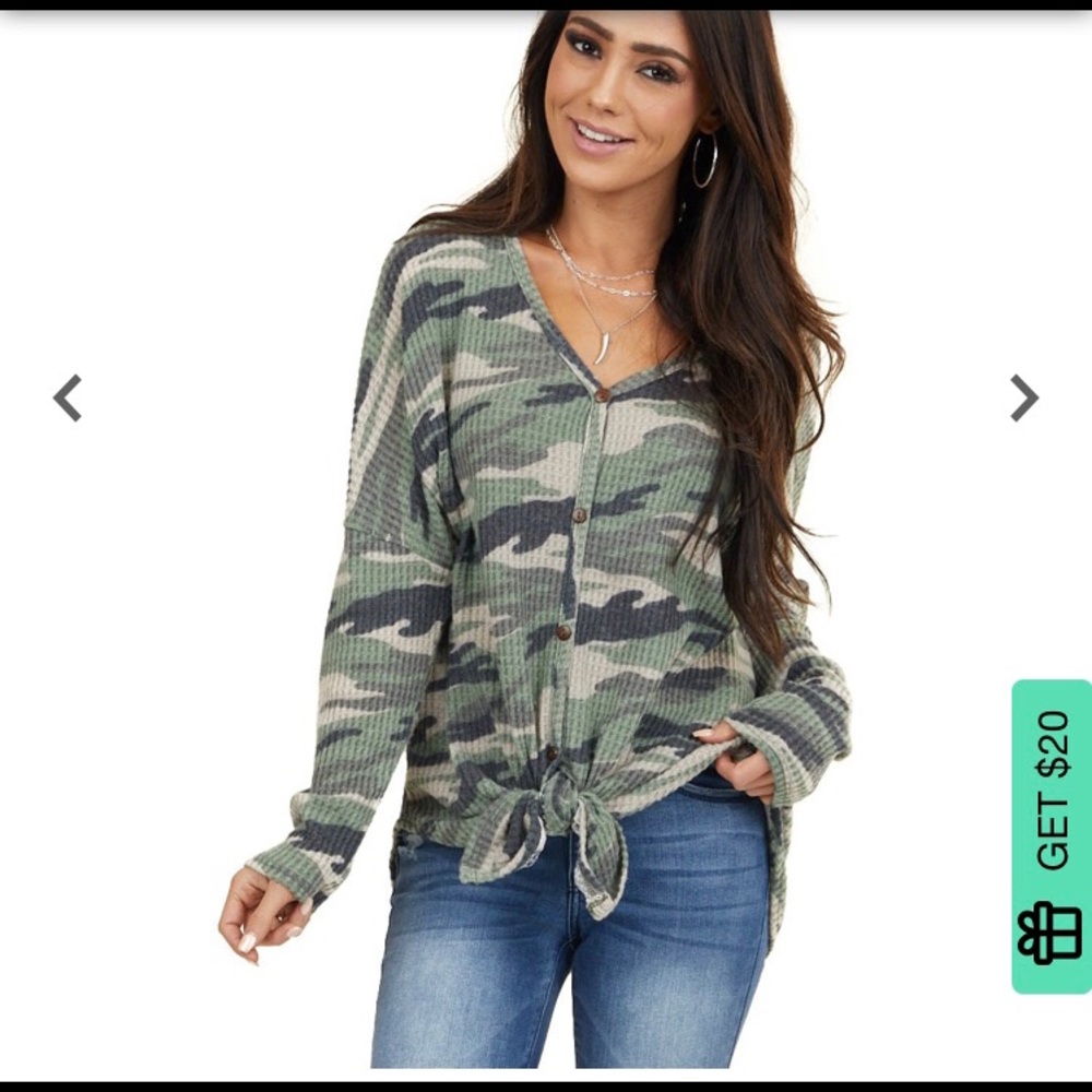 Sage Camo Button Down Waffle Knit Top W Front Tie